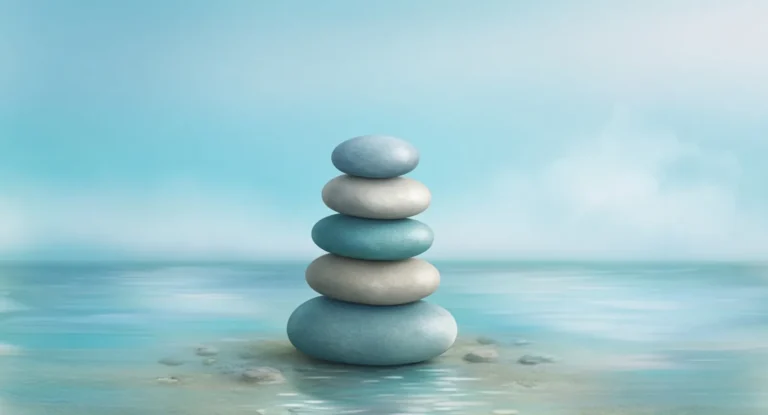 Illustration of a balanced stack of smooth river stones beside calm water