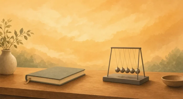 Illustration of a tidy desk with a closed notebook and a desk pendulum toy coming to rest