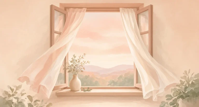 Illustration of an open window with light curtains lifting in a fresh breeze