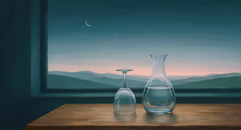 Illustration of an upturned wine glass beside a carafe of water on a wooden table, pale early dawn light