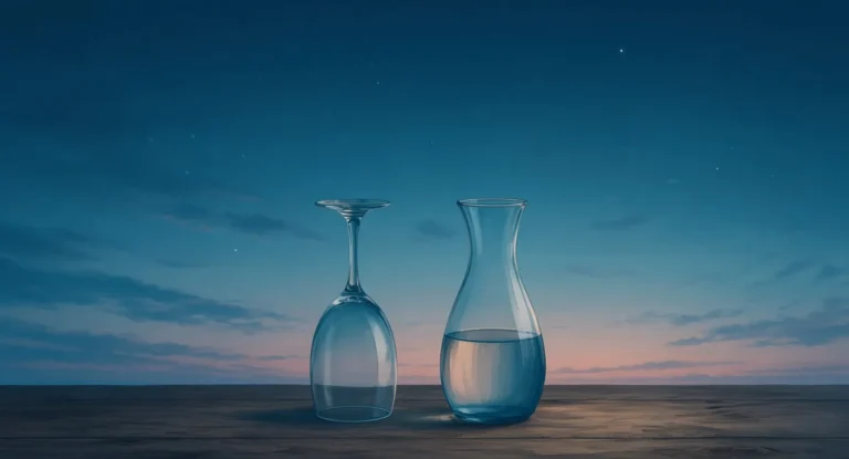 Illustration of an upturned wine glass beside a carafe of water on a table at blue-hour dusk, with the evening star in the sky