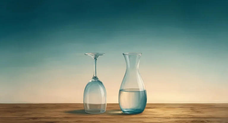 Illustration of an upturned wine glass beside a carafe of water on a wooden table, soft morning light