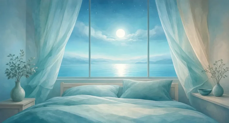 Illustration of a moonlit bedroom window with drawn-back curtains at night