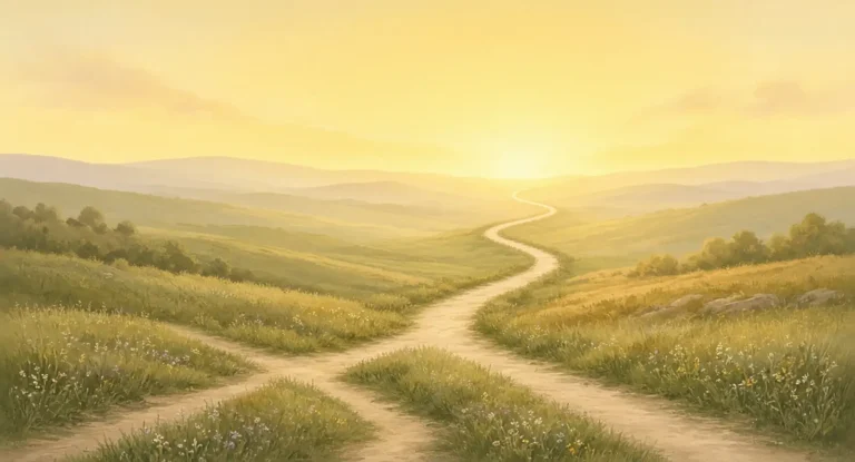 Illustration of quiet country paths meeting at a crossroads in a meadow, one path leading toward a warm yellow sunrise