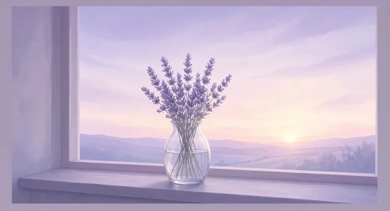 Illustration of sunrise through a window with lavender sprigs in a glass vase on the sill