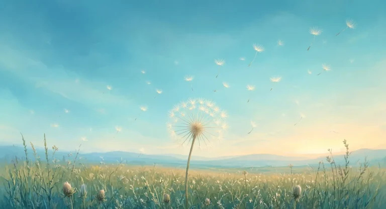 Illustration of dandelion seeds drifting over a field at dusk