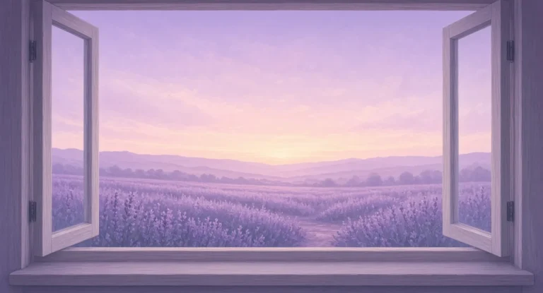 Illustration of a lavender field seen through an open window at sunrise