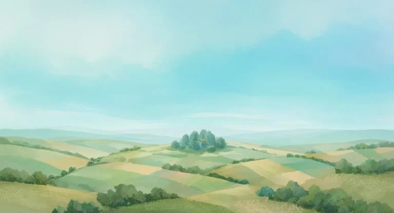 Illustration of softly rolling hills under a calm open sky