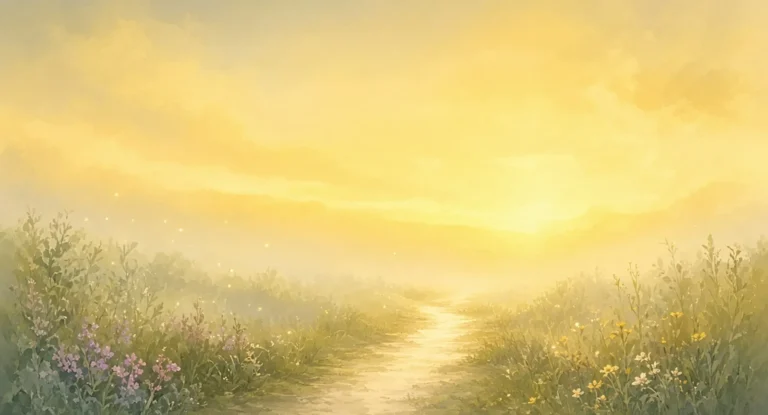 Illustration of a misty path curving into light with tiny sparkles of light in the air