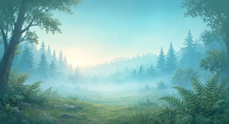 Illustration of a calm forest clearing at dawn with soft mist