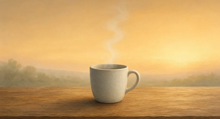 Illustration of an empty ceramic coffee mug on a wooden table with the last wisp of steam fading, soft morning light