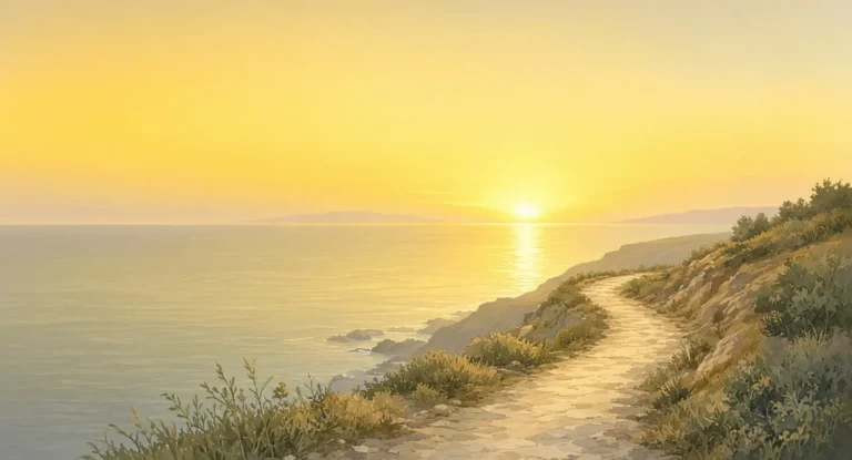 Illustration of a coastal cliff path curving into light over the sea
