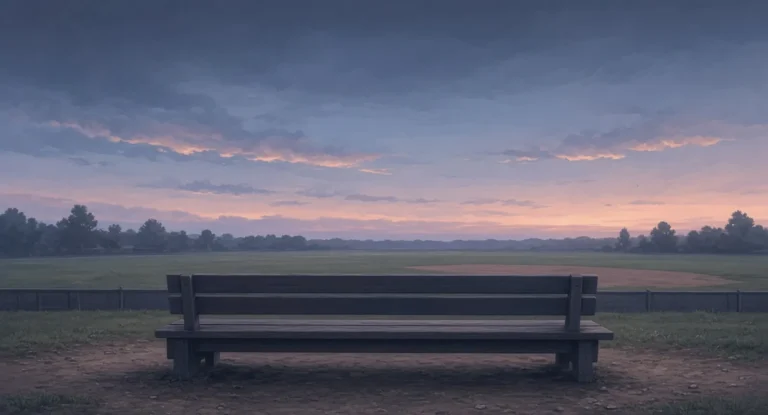 Illustration of an empty wooden dugout bench beside a baseball field at dusk