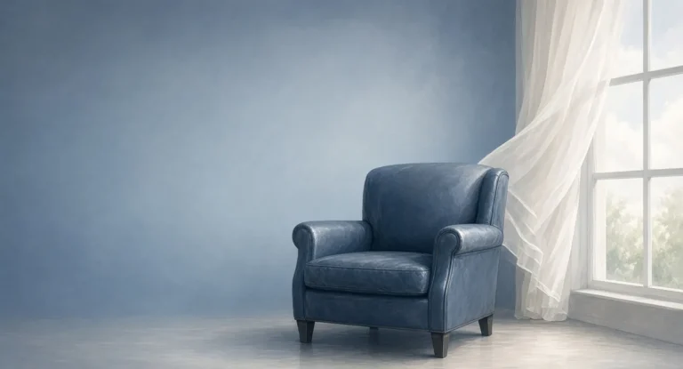 Illustration of an empty leather armchair by a tall window with clean fresh air and curtains moving