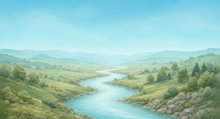 Illustration of a slow river winding through a quiet valley