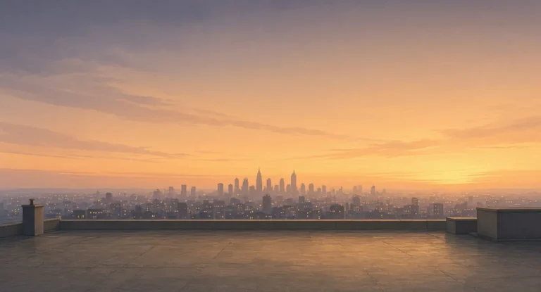 Illustration of a city skyline seen from a rooftop as the night lights fade into a calm dawn