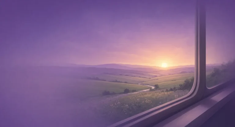 Illustration of sunrise over fields seen through a train window