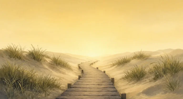 Illustration of a wooden boardwalk through sand dunes curving into light
