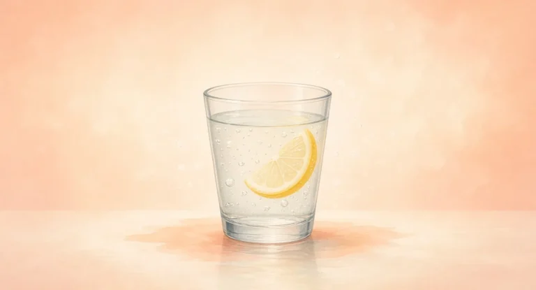 Illustration of a glass of sparkling water with a lemon slice and gently fading bubbles