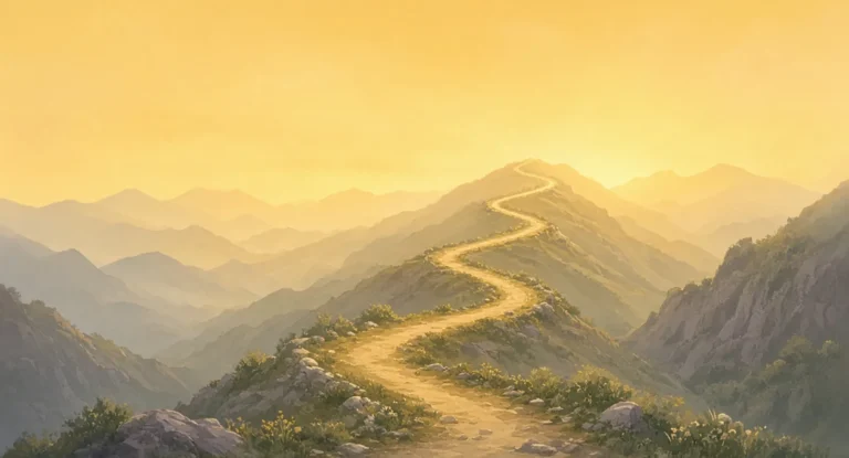 Illustration of a mountain switchback path curving up into light