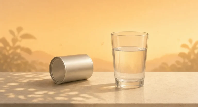 Illustration of a plain unlabeled aluminium can lying on its side next to a tall glass of water on a sunny afternoon table