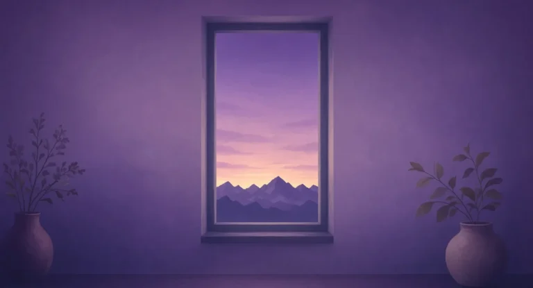 Illustration of first light breaking over a dark mountain ridge seen through a window