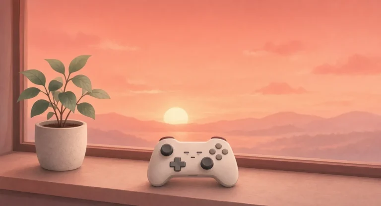Illustration of a game controller resting on a windowsill beside a plant with a sunset outside