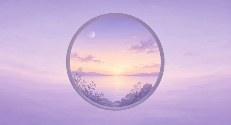 Illustration of dawn through a round window with the moon fading in the sky