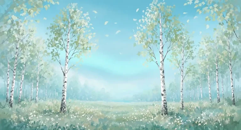 Illustration of a gentle breeze moving through a grove of birch trees