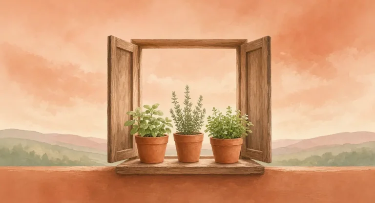 Illustration of an open window with fresh air and terracotta pots of herbs