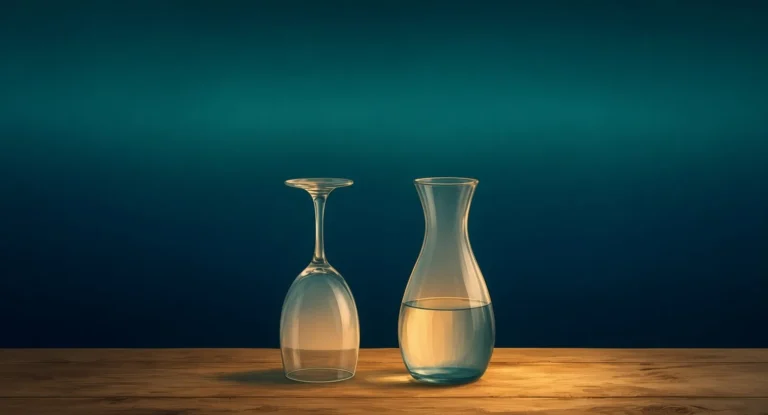 Illustration of an upturned wine glass beside a carafe of water on a wooden table at night, lit by a warm lamp