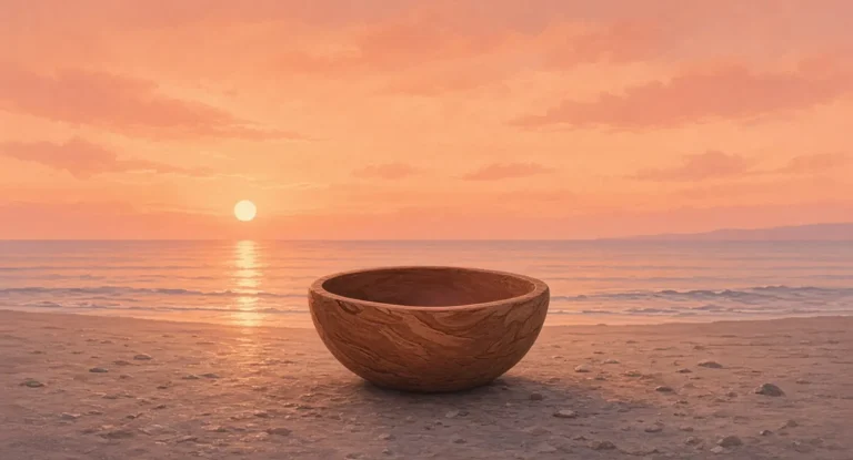 Illustration of an empty carved wooden bowl resting on a beach at sunset