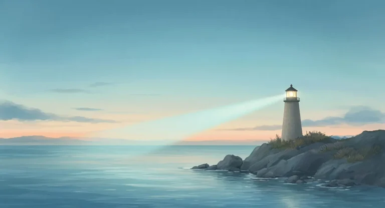 Illustration of a steady lighthouse beam over calm water at twilight