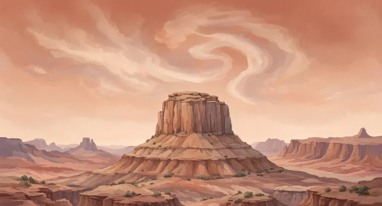 Illustration of a mesa landscape under slowly swirling clouds
