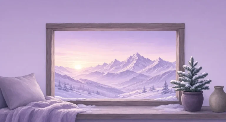 Illustration of sunrise over snowy mountains seen through a chalet window