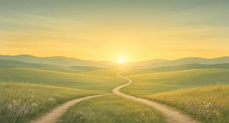 Illustration of two meadow footpaths joining into one path toward a soft yellow sunrise over rolling hills