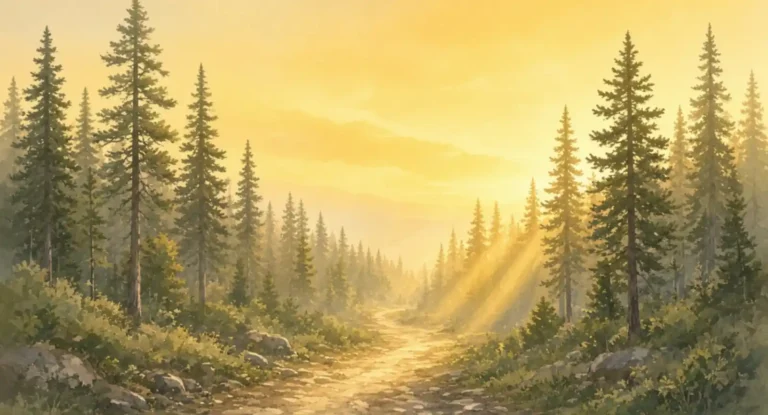Illustration of a forest path among tall pine trees curving into sunbeams