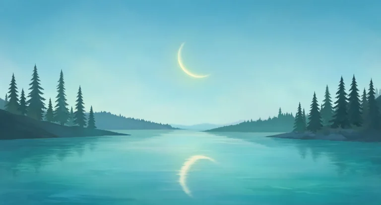 Illustration of a crescent moon over a calm lake at night