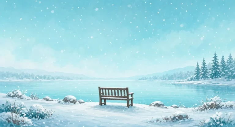 Illustration of gentle snow falling over a quiet lakeside