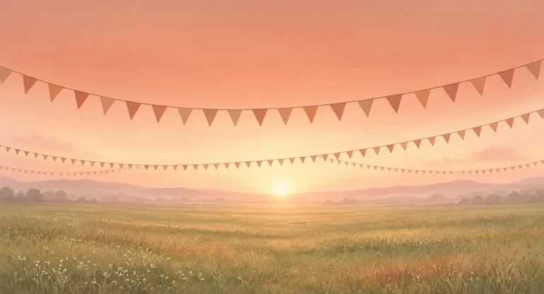 Illustration of an empty festival field at dawn with strings of small flags