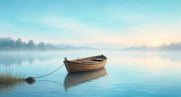 Illustration of a small wooden rowboat moored on a calm lake at dawn, soft mist over the water under a pale cyan sky
