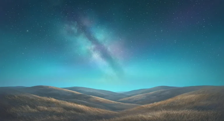 Illustration of a starry night sky over rolling hills