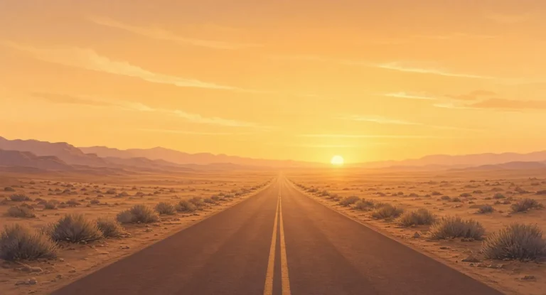 Illustration of a long empty desert highway stretching toward a calm sunrise