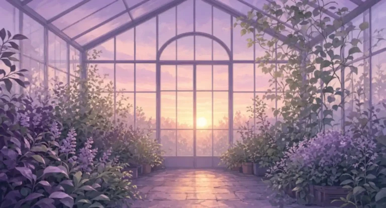 Illustration of sunrise light through the glass panes of a greenhouse