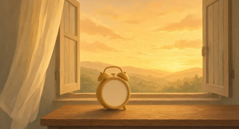 Illustration of a round bedside alarm clock without numbers beside an open window at dawn