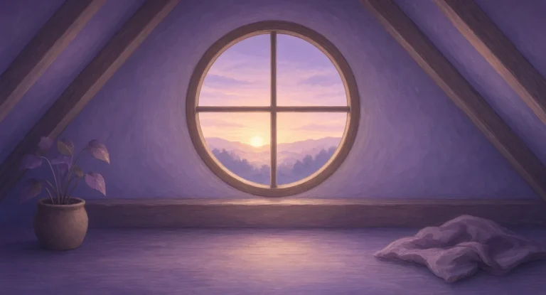 Illustration of dawn light through a round attic window