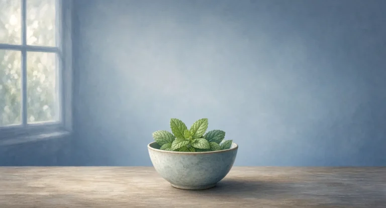 Illustration of a small ceramic bowl of fresh mint leaves on a table near a window