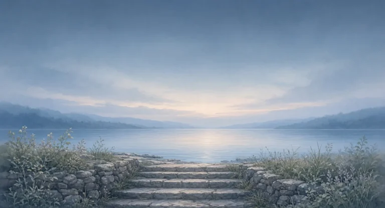 Illustration of a gentle stone staircase stepping down toward a calm lake