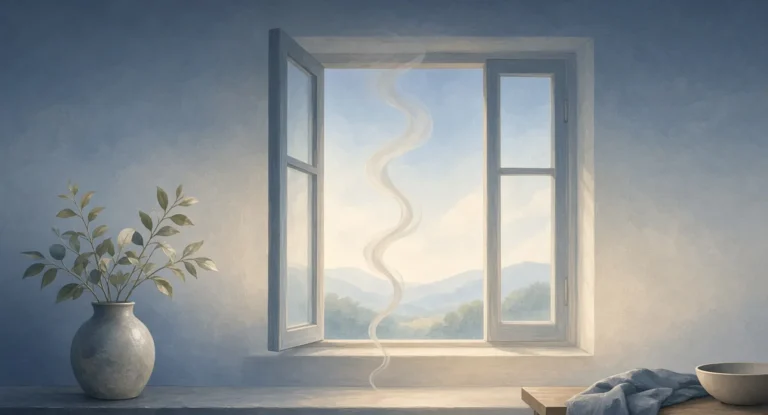 Illustration of a thin wisp of smoke thinning out and drifting through an open window, morning light