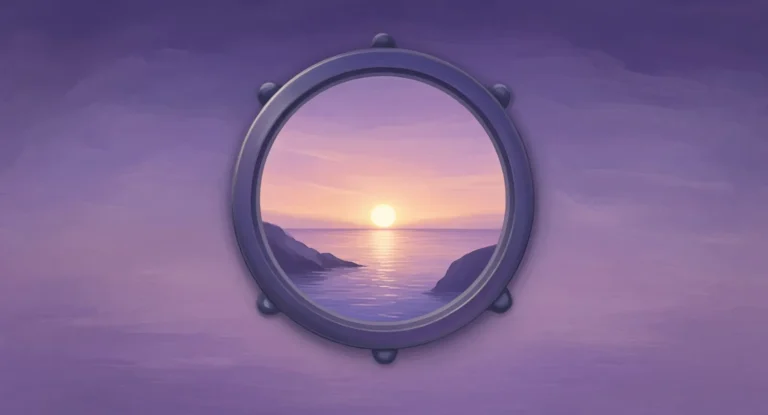 Illustration of sunrise over calm water seen through the round porthole of a boat